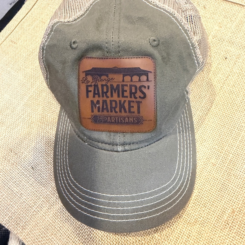 District La Grange Farmers Market Leather Patch Trucker Hat Olive Green Snapback